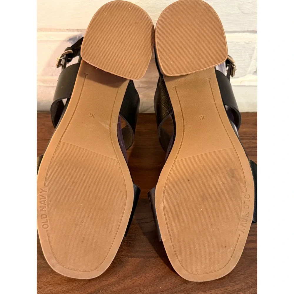 Old Navy Womens Black Faux Leather Double Strap Block Heel Sandals •10• Classic